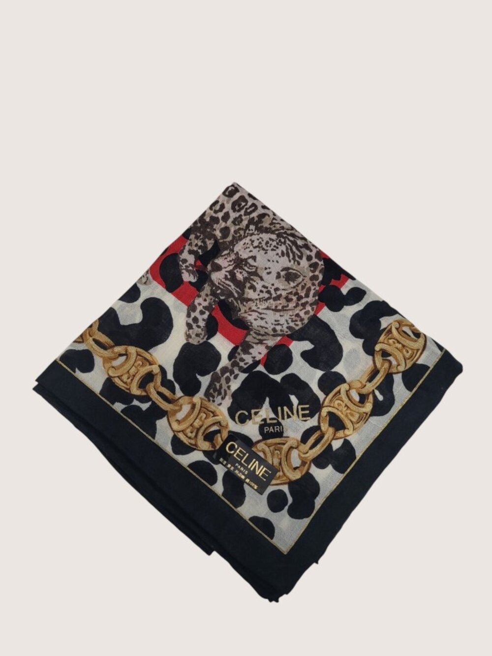 NWT Vintage CELINE Paris Leopard Chain Print Cotton Scarf Bandana Pocket Square - Picture 3 of 5